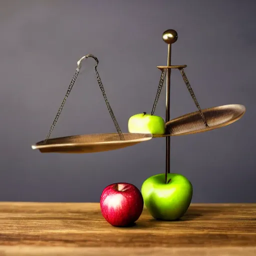 Image similar to set of balance scales with one apple in one side and one onion in the other