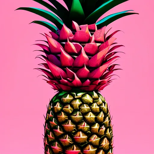 Image similar to 3 d render of a hovering pink pineapple against a pink backdrop with slight sadow underneath ophotorealistic, 4 k, cgsociety, blender, unreal engine 5, sharp details, 3 0 0 dpi