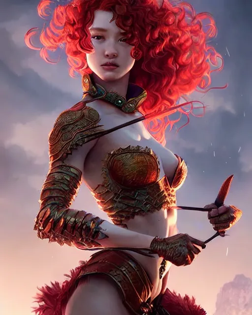 Prompt: ranger, intricate fantasy outfit!!! beautiful and athletic red curly hair female changeling!! gorgeous face and eyes!! character concept art, sharp focus, octane render! unreal engine 5! highly rendered!! trending on artstation!! detailed linework!! illustration by artgerm, wlop, and chie yoshii