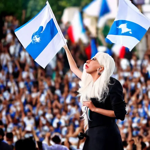 Prompt: Lady Gaga as president, Argentina presidential rally, Argentine flags behind, bokeh, giving a speech, detailed face, Argentina