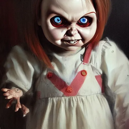 Image similar to the doll chucky, oil painting, by greg rutkowski