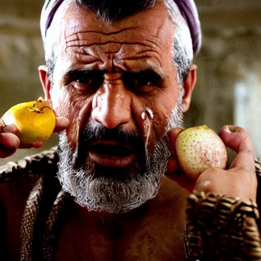 Image similar to cinematic still of angered middle eastern skinned man in ancient Canaanite clothing looking up while holding a plate of rotting fruit, mad, frustrated, jealous, Biblical epic by Christopher Nolan