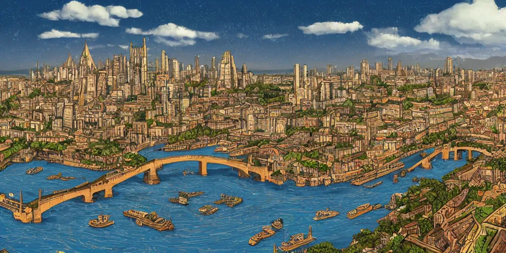 Image similar to Illustration, single long narrow huge ancient city on a narrow sky high bridge, over water, really long, all buildings on bridge, tall arched bridge holding the city in the clouds