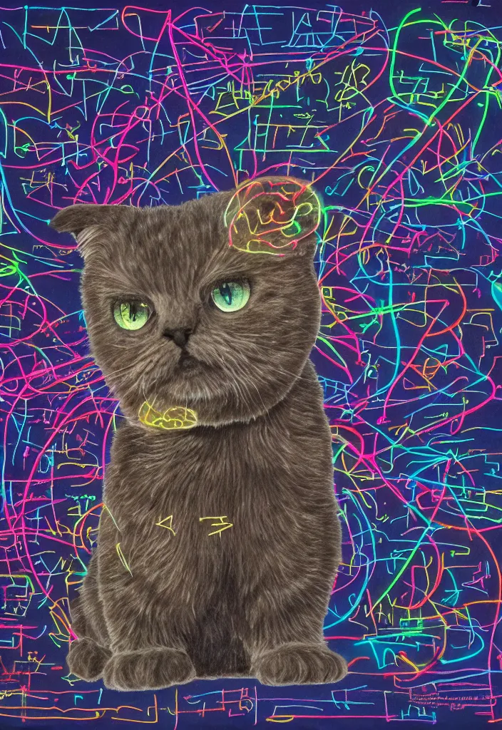 Image similar to cfa champion dark tortie scottish fold cat, cute feet long tail, radiant data visualization mathematical diagrams hologram overlay revealing complex inner machinations calculating sparrows flight trajectory, detailed annotated painting, grisaille dark monochrome with neon fluorescent color airbrush spraypaint accents, by jules julien, wes anderson, lisa frank, basquiat, octane render 4 k