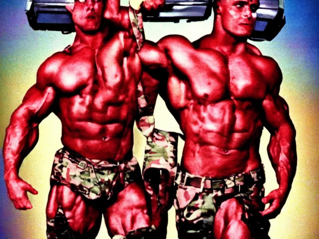 Image similar to vintage 90s VHS video still of a muscular soldier promoting Big Brother, retro TV, noise, hue