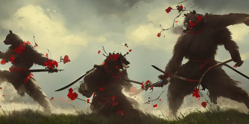 Image similar to an environmental concept art of samurai anthropomorohic black bear, samurai duel, sakura petals blowing in the wind, highly detailed, environmental light, epic, 8 k, artstation, deviantart, award winning, cinematic by francis tneh