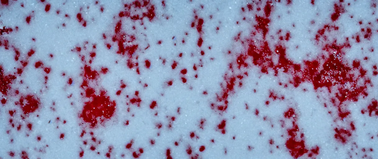 Image similar to top view extreme closeup movie like 3 5 mm film photograph of blood splattered onto the snow in antarctica at night, very dimly lit, in the style of macro photography