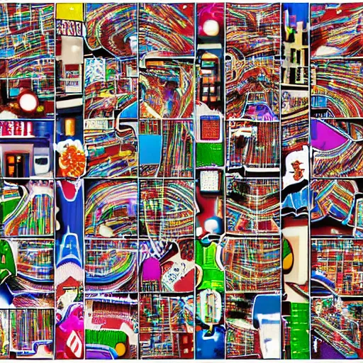 Prompt: photomosaic candyland, no candy signs on buildings, dentists are taking over, artwork by mike deodato