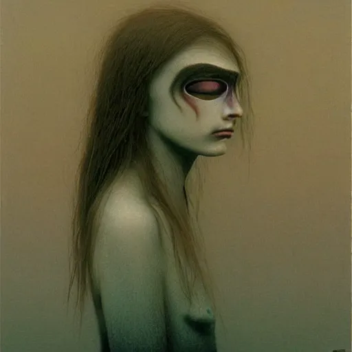 Image similar to half human half raven teen girl by Beksinski