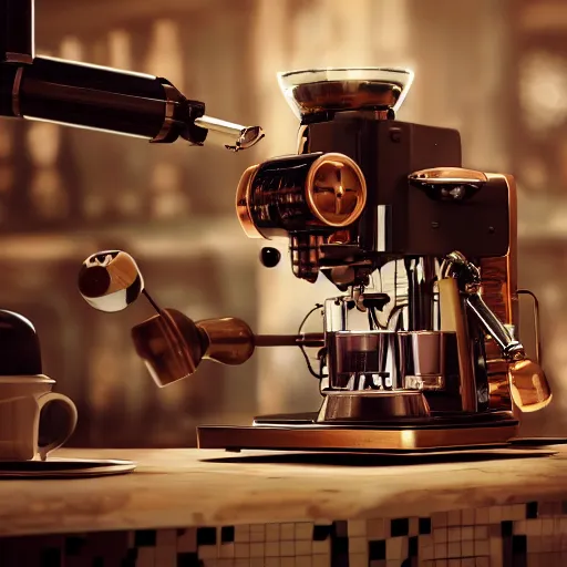 Prompt: dslr photo of a steampunk robotic espresso machine with small scientific gears, android coffee shop, 4 k, photorealistic, octane render, unreal engine, cafe lighting, cinematic, by peter majkut,