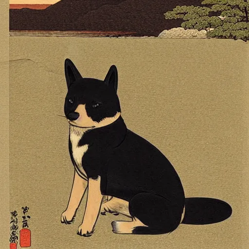 Prompt: Hasui Kawase, black and brown Shiba