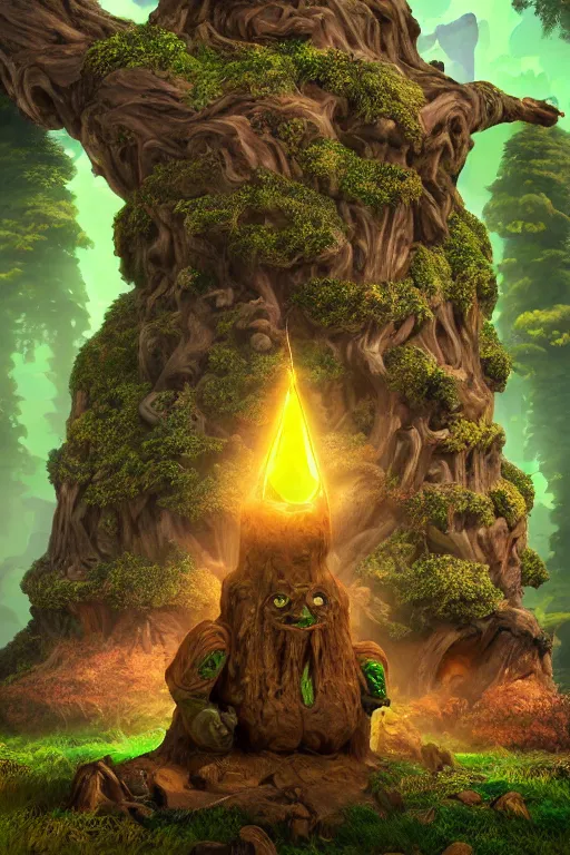 Image similar to zelda fantasy art giant golem elemental wood rock greeble gemstone enchanted forest troll, global illumination ray tracing hdr fanart arstation by sung choi and eric pfeiffer and gabriel garza and casper konefal bastion forged hardmesh lisa frank zbrush central radiating a glowing aura global illumination ray tracing hdr volume light