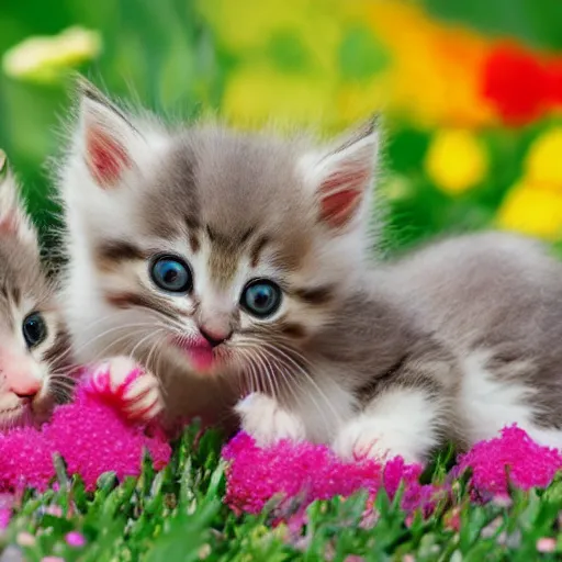 Prompt: photo of baby kittens playing on a field of flowers, award-winning photograph, national geographic, 8k, vibrant, depth of field