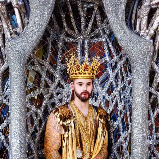 Image similar to Award Winning Highly Detailed Portrait Photo of beautiful Mythological King Royally with hyper-defined features decorated sitting in a shining Filigree throne designed by Gaudi, Silks, Furs, ermine, wide-angle long shot