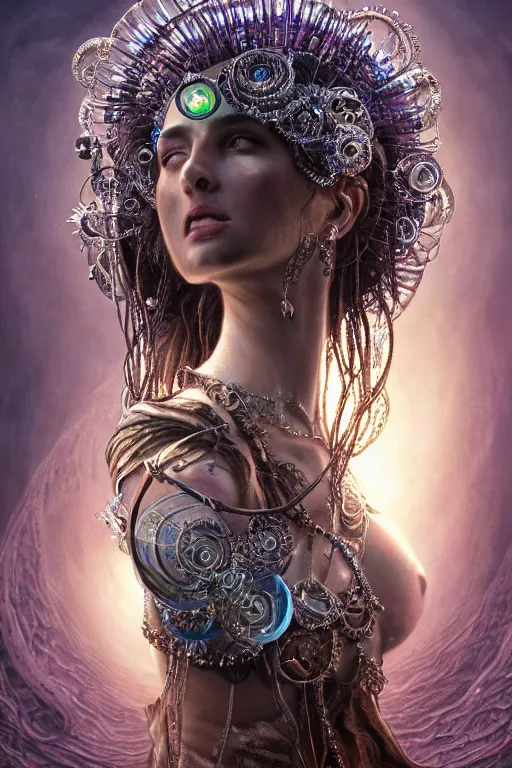 Image similar to a fisheye lens render of an alluring post apocalyptic goddess with wearing ornate silver and gemstones and crystal clothing surrounded by flowing liquid gallium jellyfish and sacred geometry, perfect body and face, gorgeous, cinematic, beautifully lit, by craig mullins, by tomasz alen kopera and peter mohrbacher, 3 d, trending on artstation, octane render, 8 k