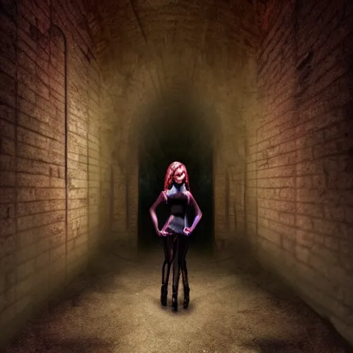 Image similar to a victim being intimidated by a succubus in a leather suit, devi wings, cracked brick wall, long hallway, light at the end of the tunnel, volumetric lighting, concept art, fantasy, dramatic lighting, daz, by mark ryden, hayao miyazaki