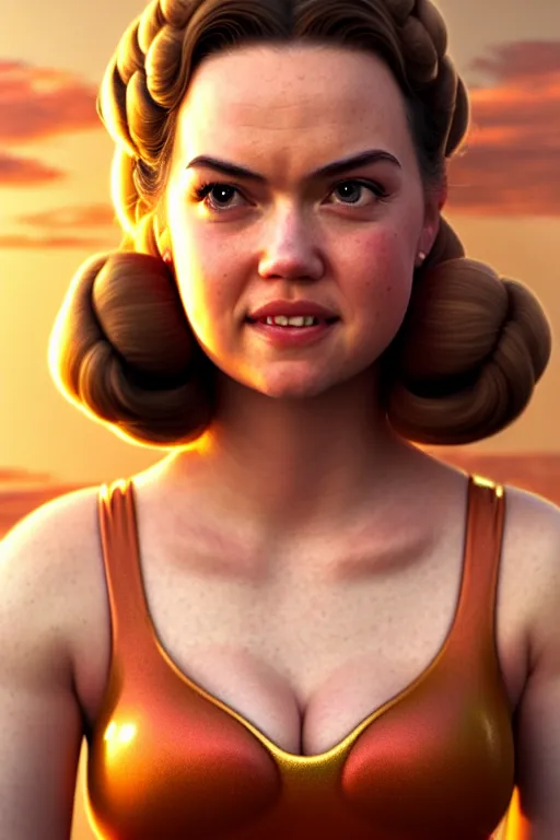 Image similar to polished sweaty princess peach : : daisy ridley face : : kate upton body : : weta disney pixar movie still photo : : hi - fructose, sci fi, fantasy, decadent highly - detailed digital painting, golden ratio, octane render, artstation, smooth, sharp focus, artgerm, mucha, loish, wlop : :