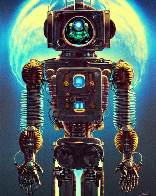 Image similar to robot, character portrait, portrait, close up, concept art, intricate details, highly detailed, vintage sci - fi poster, retro future, in the style of katsuhiro otomo, chris foss, rodger dean, moebius, michael whelan, and gustave dore