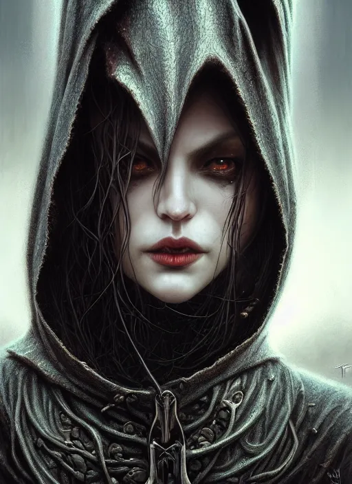 Prompt: closeup portrait shot of a hooded vampire in a scenic dystopian environment, intricate, elegant, highly detailed, centered, digital painting, artstation, concept art, smooth, sharp focus, illustration, artgerm, tomasz alen kopera, peter mohrbacher, donato giancola, joseph christian leyendecker, wlop, boris vallejo