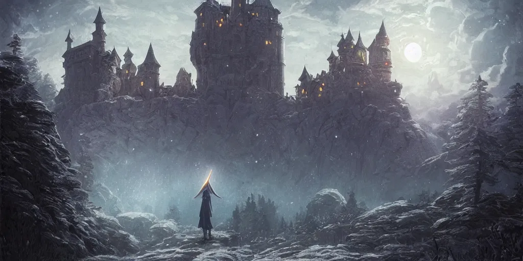 Image similar to a glowing wizard approaches a towering castle on a moonlit night, close up portrait, dark fantasy, Greg Rutkowski and Studio Ghibli and Ivan Shishkin