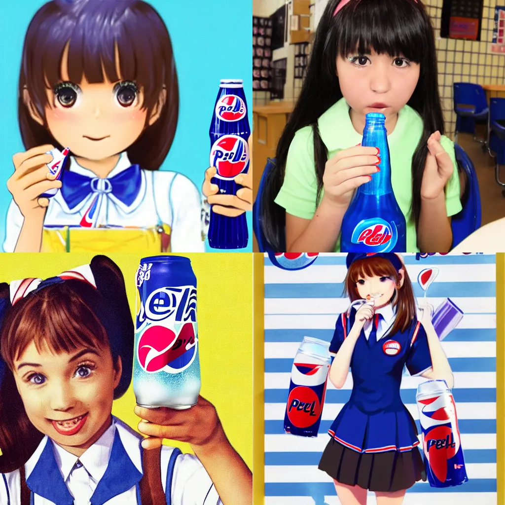 Prompt: school girl drinking pepsi, pixta.jp