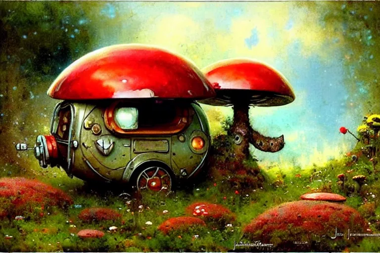 Image similar to adventurer ( ( ( ( ( 1 9 5 0 s retro future robot android mouse wagon in forrest of giant mushrooms, moss and flowers stone bridge. muted colors. ) ) ) ) ) by jean baptiste monge!!!!!!!!!!!!!!!!!!!!!!!!! chrome red