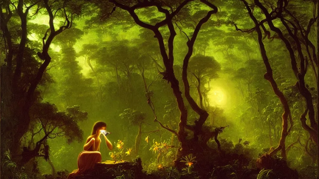 Image similar to a beautiful skinny woman with big eyes and a small nose eating a bioluminescent flower in a verdant jungle by albert bierstadt.