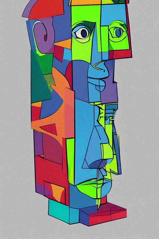 Image similar to cubist moai statue cutout digital illustration cartoon colorful beeple