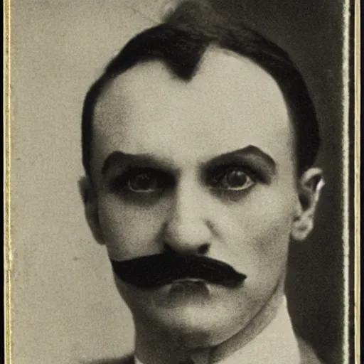 Image similar to headshot edwardian photograph of waluigi, 1 9 2 0 s, sinister, evil, realistic face, 1 9 1 0 s, grainy, victorian, soft blur