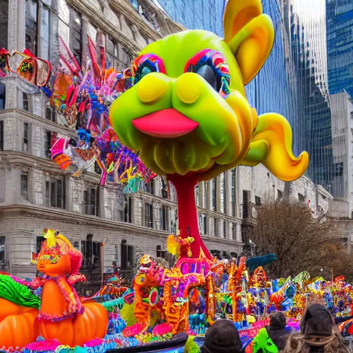 Prompt: photo of giant parade float by lisa frank and hr giger in the macys thanksgiving parade, detailed 4 k photo