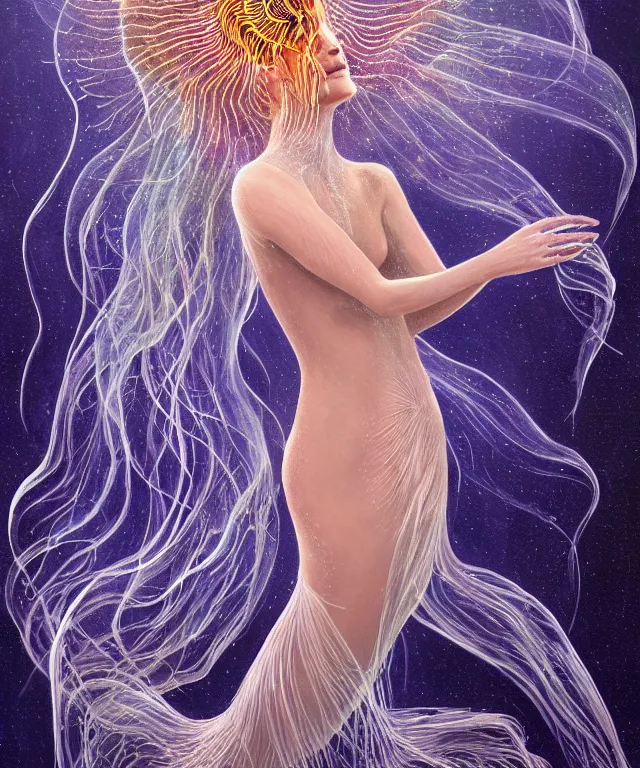 Image similar to portrait of a levitating floating in space goddess mermaid with (reaction diffusion) scaled fish skin Bioluminescent phoenix jellyfish, phoenix fire, chimera, energy rays, Her breath shot a haze of steam out into the frosty morning air concept, soft light, soft mood, realistic body features and face, illustration,intricate ornament halo, painting oil on canvas by Elena Zhurikhina and Goro Fujita and Charlie Bowater, octane render trending on artstation, 4k, 8k, HD