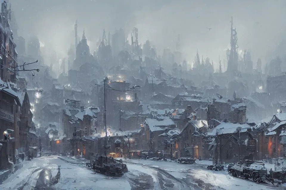 Prompt: highly detailed painting of dieselpunk stockholm, winter, snow, dystopia, by greg rutkowski, by raphael lacoste, 4 k resolution, trending on artstation