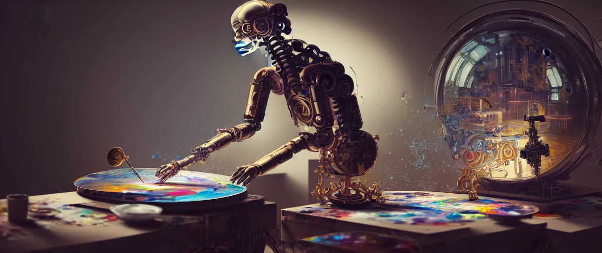 Prompt: an high resolution photo of a modern automaton paiting on a canvas, hyper detailed, photography, realistic art, 8 k, unreal engine, octane render, cinematic