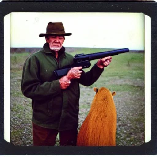 Image similar to old! polaroid photo of an old man! holding a rifle and standing on top of a giant capybara! sleeping