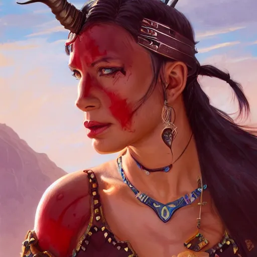 Prompt: portrait of a female berber tiefling, red skin, straight horns, black hair in a ponytail, steel armor, greatsword, in a desert, strong, fierce, elegant, fantasy, highly detailed, digital painting, artstation, concept art, character art, art by greg rutkowski and tyler jacobson and alphonse mucha