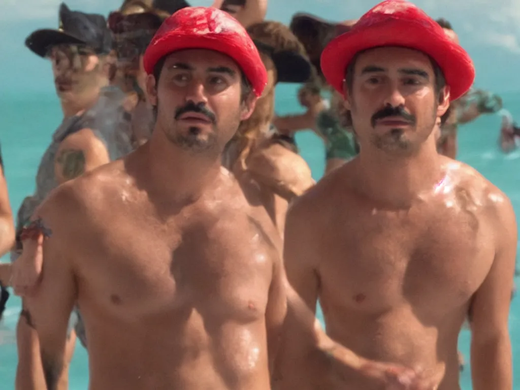 Prompt: Close up of mario in a hat in Harmony Korine Spring Breakers film aesthetic!!!