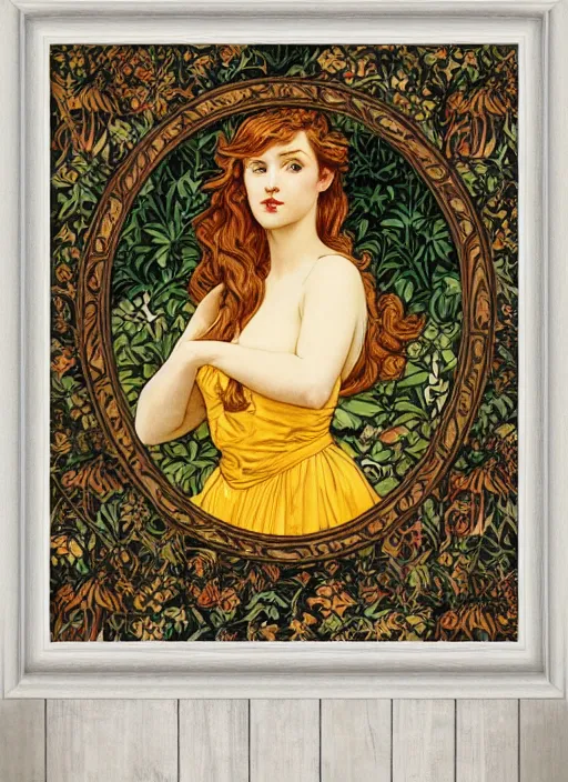 Image similar to masterpiece beautiful seductive flowing curves pinup pose preraphaelite face portrait photography, extreme close up shot, straight bangs, thick set features, yellow ochre ornate medieval dress, amongst foliage mushroom forest circle arch, william morris and kilian eng and mucha, framed, 4 k