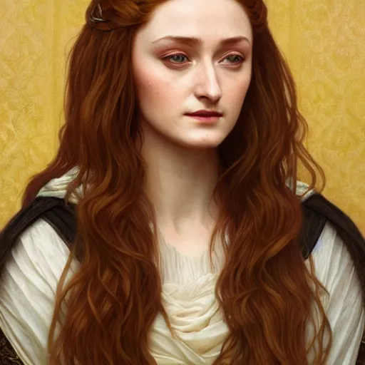 Image similar to portrait of sansa stark with long hair, intricate, elegant, highly detailed, digital painting, artstation, concept art, smooth, sharp focus, illustration, art by artgerm and greg rutkowski and alphonse mucha and william - adolphe bouguereau