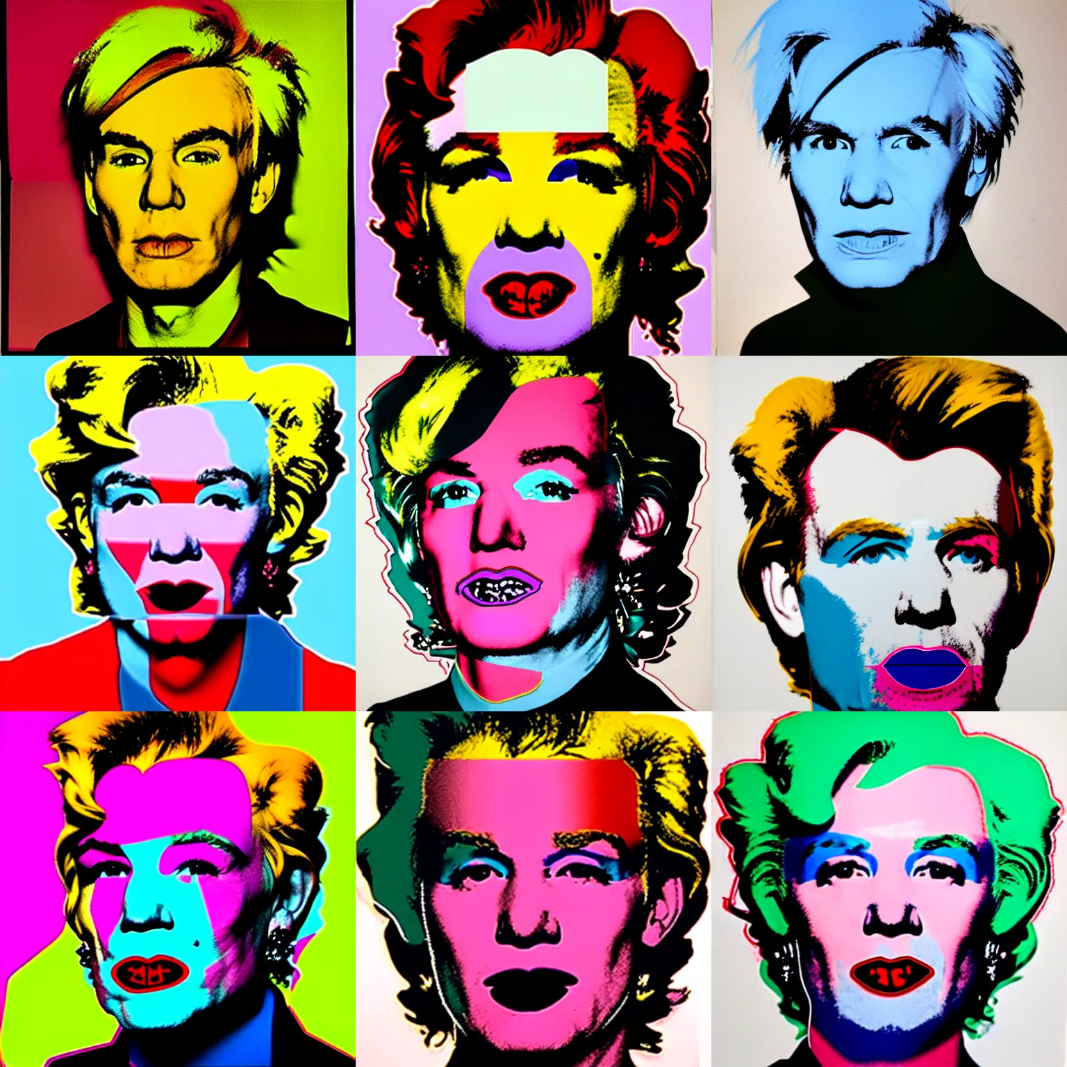 Image similar to colour portrait of angry andy warhol, 30 years old, who looks sternly at us, with shoulders visible in the frame. in the style of andy warhol