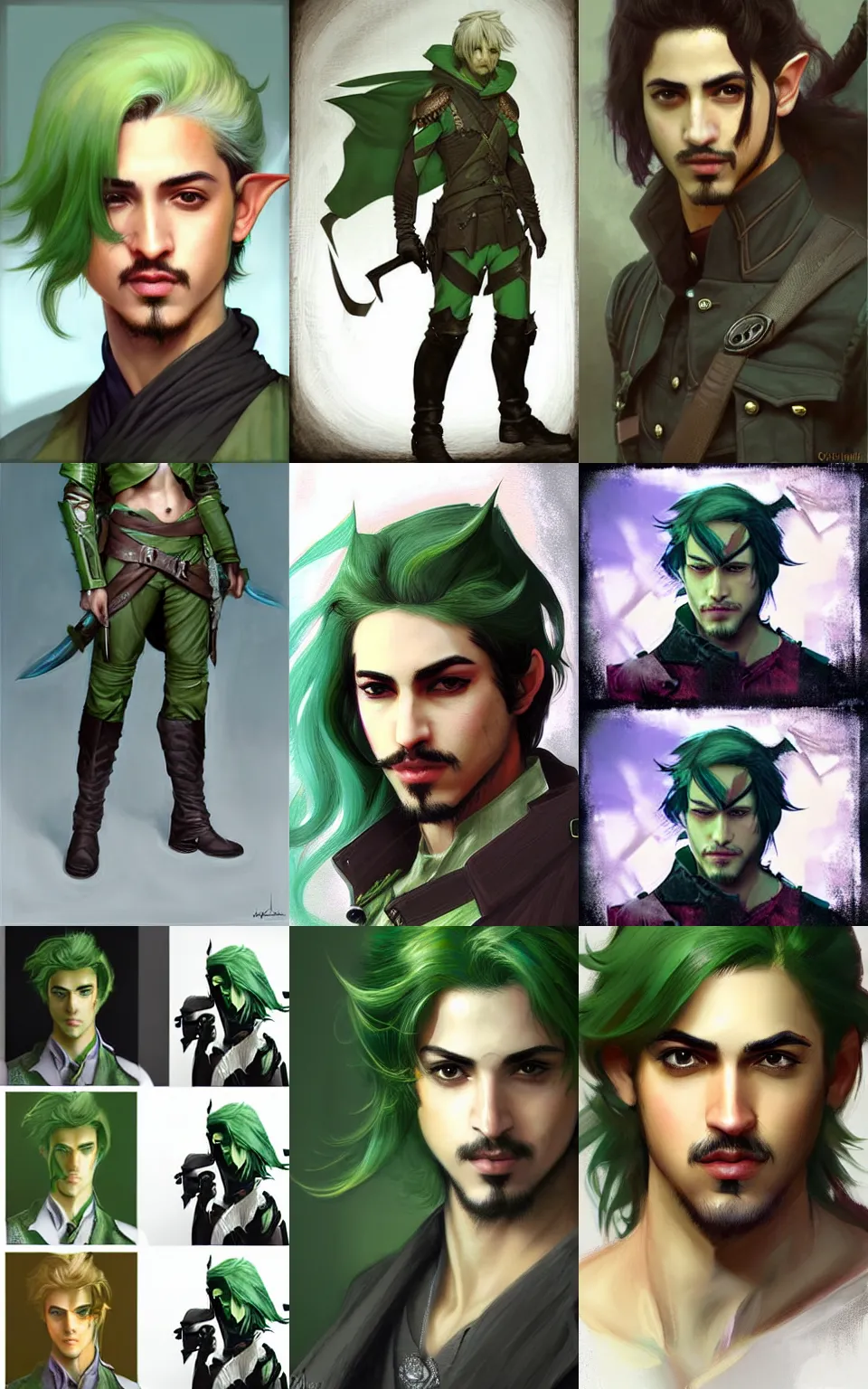 Prompt: character concept portrait, avan jogia as a male elf ranger, green - hair, style in digital painting, concept art, smooth, sharp focus, illustration, from metal gear, by ruan jia and mandy jurgens and william - adolphe bouguereau, artgerm