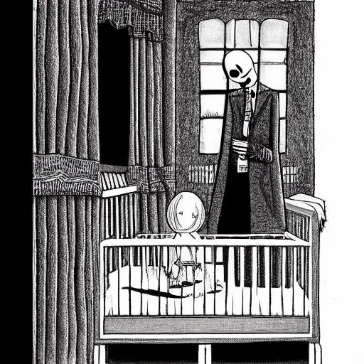 Prompt: “slenderman standing over a girl in a crib, style of Edward Gorey”