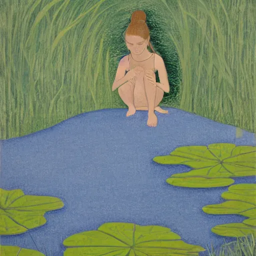 Image similar to Mixed media art. a young girl is sitting on the edge of a pond, with her feet in the water. She is looking at a frog that is sitting on a lily pad in the pond. colored pencil art by Horace Pippin jaunty