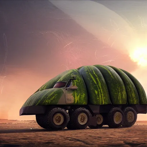 Prompt: Very very very very highly detailed Watermelon as military vehicle with epic weapons, launching rockets on a battlefield in russian city as background. More Military vehicle less watermelon . Concept digital 3D art in style of Caspar David Friedrich, super rendered in Octane Render, epic RTX dimensional dramatic light