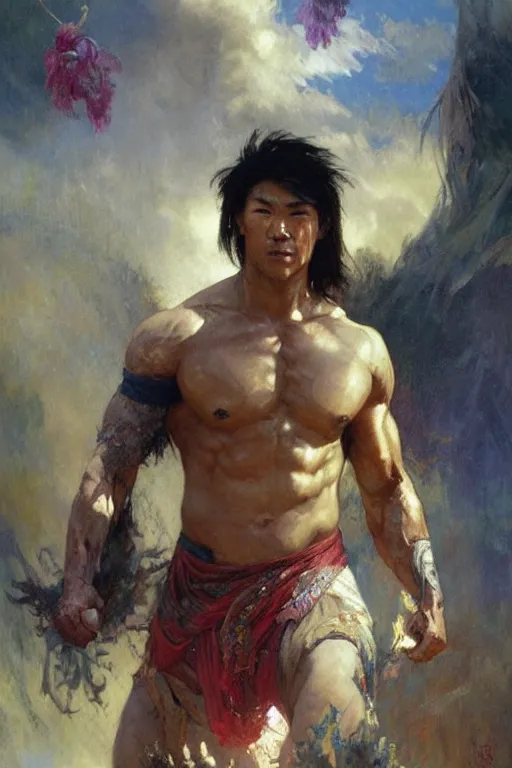 Image similar to attractive muscular man, wuxia, colorful, painting by gaston bussiere, craig mullins, greg rutkowski, alphonse mucha