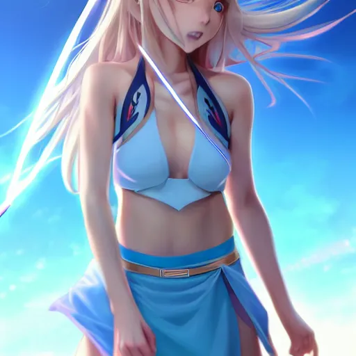 Image similar to a very beautiful young anime jedi girl, full body, long wavy blond hair, sky blue eyes, full round face, evil grin, bikini, miniskirt, front view, mid - shot, highly detailed, cinematic wallpaper by stanley artgerm lau