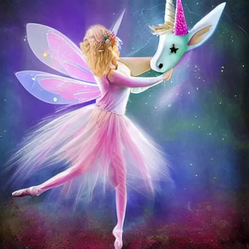 Prompt: a fairy dancing with a unicorn