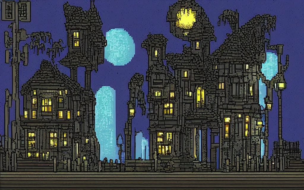 Image similar to Sideview of an 18th gothic street at night. Pixel art, high fantasy.