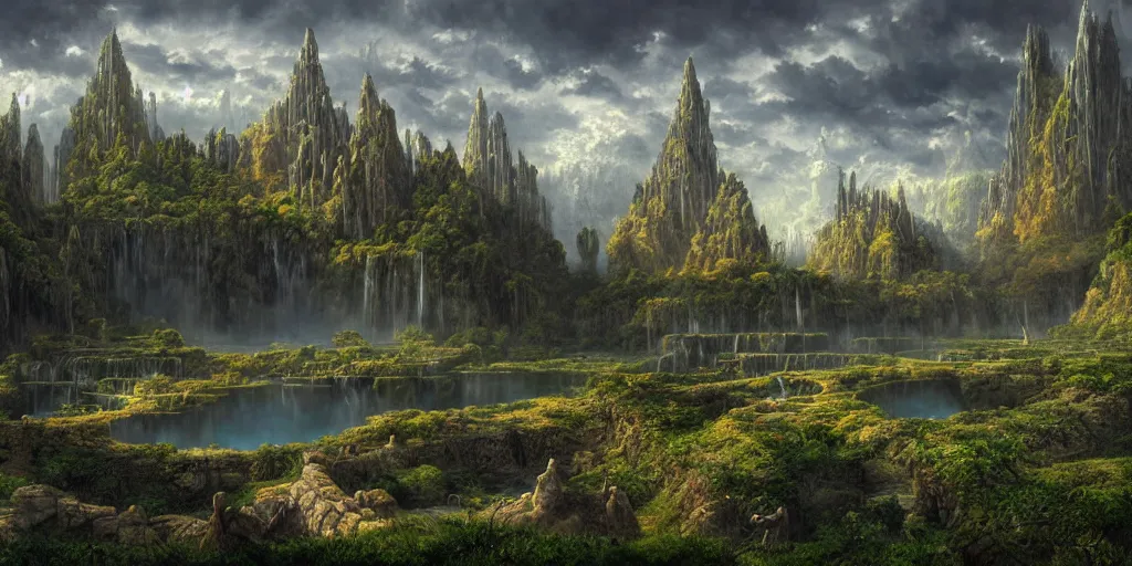 Image similar to Fantastical open landscape by Ted Nasmith, elven city, city, city, pools of magical water, digital painting, concept art, landscape