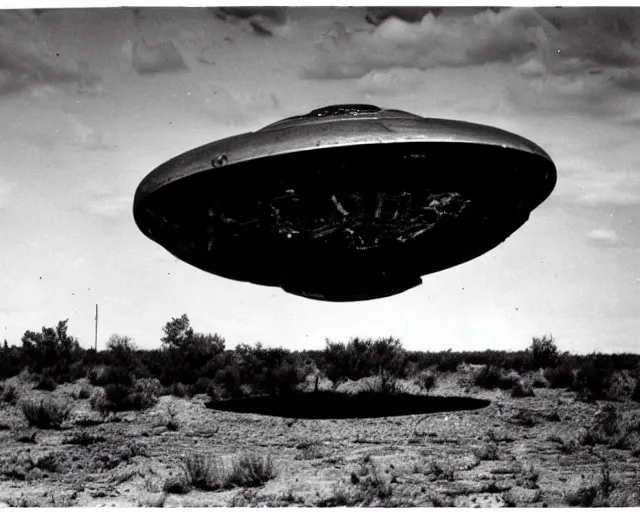 Image similar to a sophisicated alien spacecraft, crashed in roswell, 1947, early black and white photo, yellowed with age, cdx