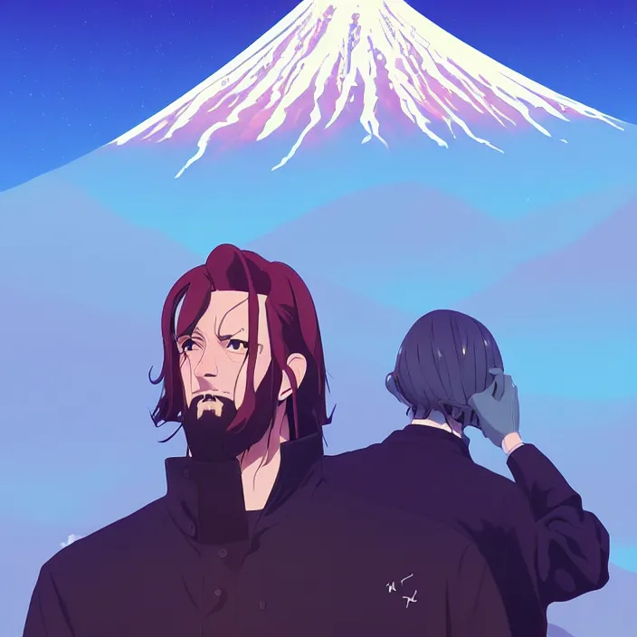 Image similar to portrait of the undertaker, mount fuji background, rich vivid colors, ambient lighting, dynamic lighting, 4 k, hq, official media, anime key visual, makoto shinkai, ilya kuvshinov, lois van baarle, rossdraws, detailed, trending on artstation